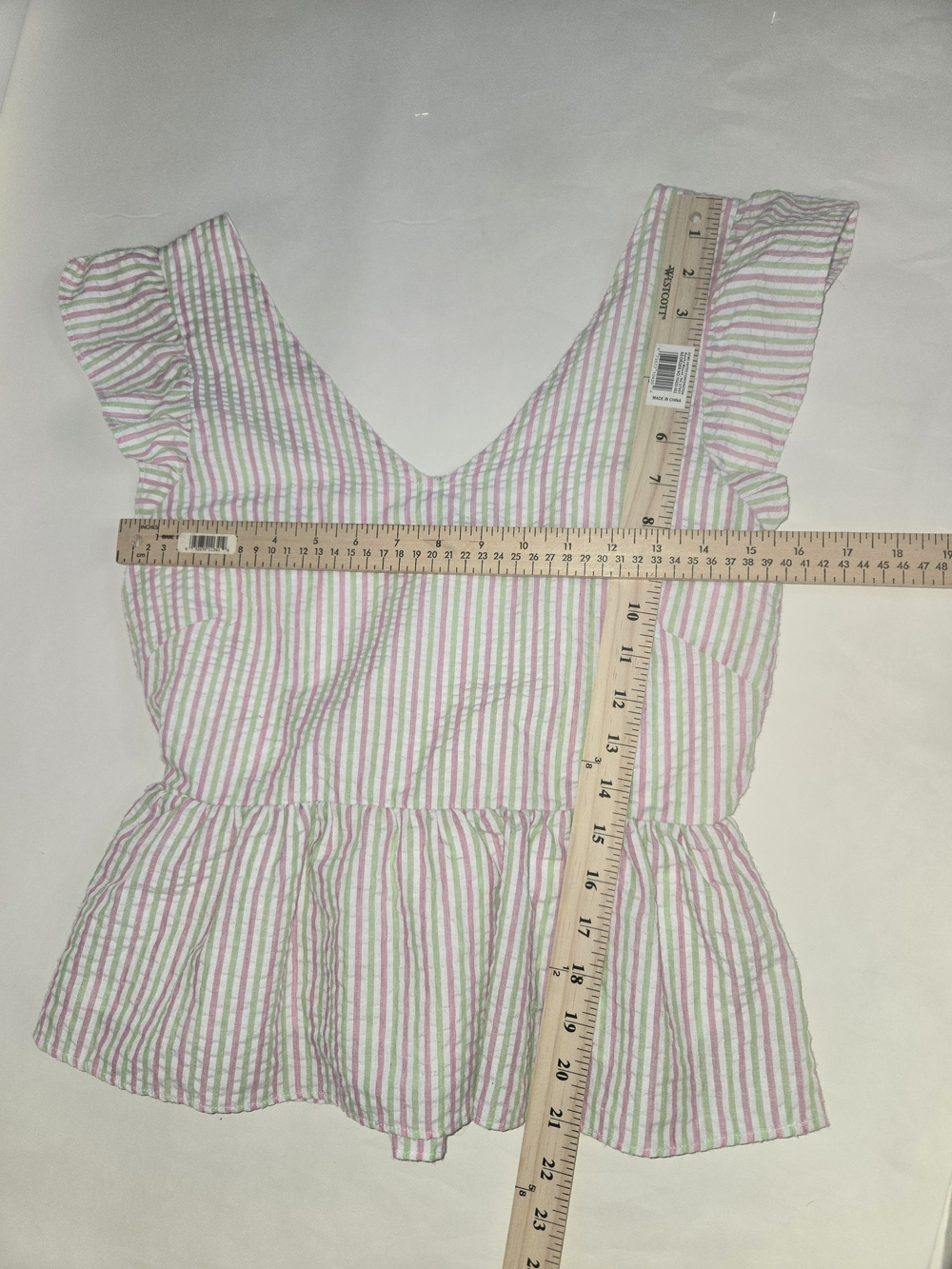 Pink & Green Searsucker Flutter Sleeve Striped V-Neck Peplum Top Smocked Back S - Picture 7 of 12